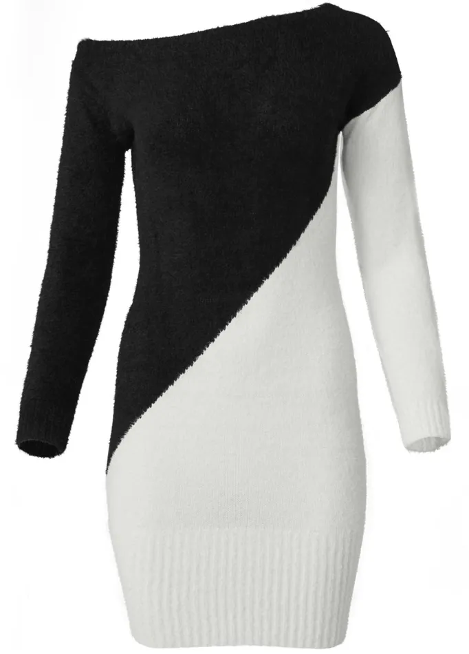 Cozy Color Block Sweater Dress Black and White Women VENUS Short Dresses