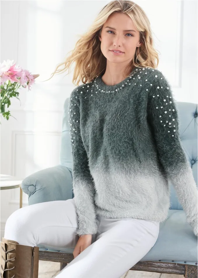 COZY PEARL TRIM SWEATER Grey Multi Women VENUS Pullover