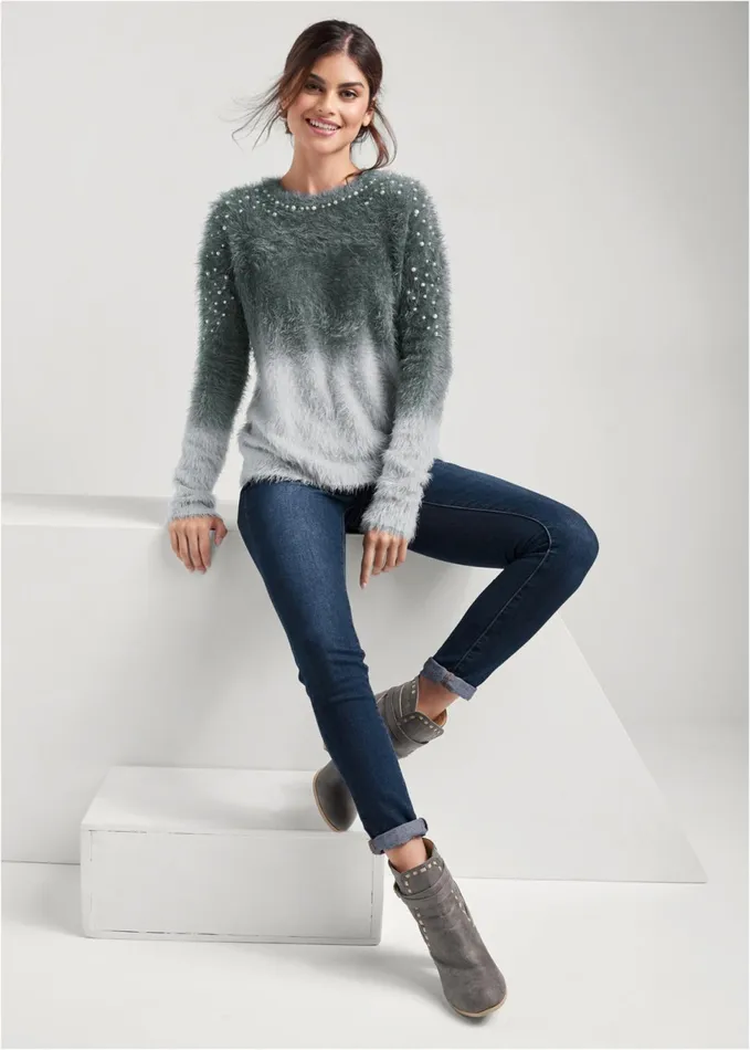 COZY PEARL TRIM SWEATER Grey Multi Women VENUS Pullover
