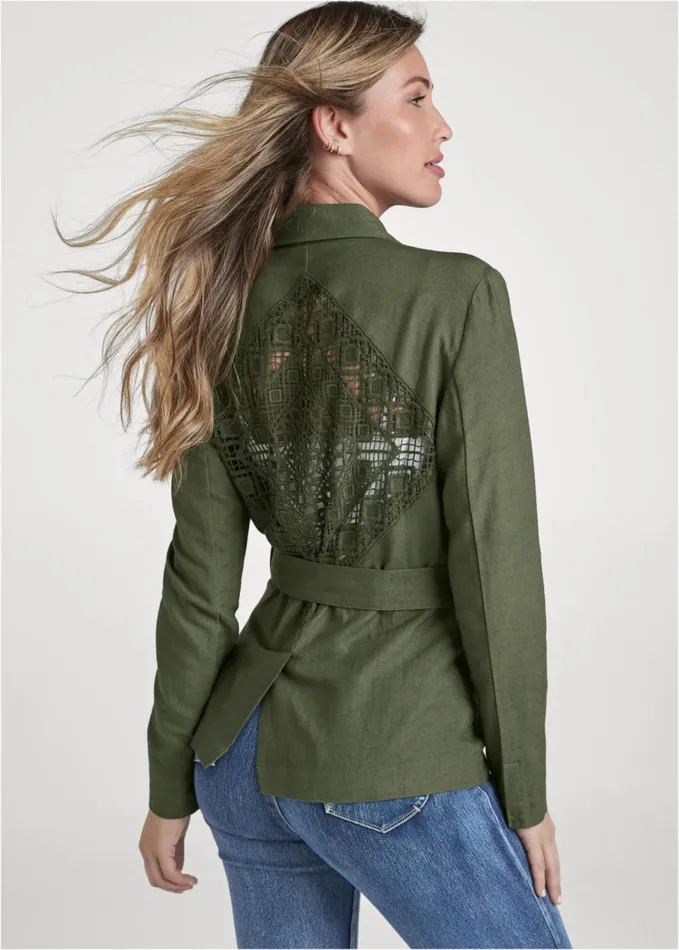 CROCHET BACK LINEN JACKET Olive Women VENUS Jackets