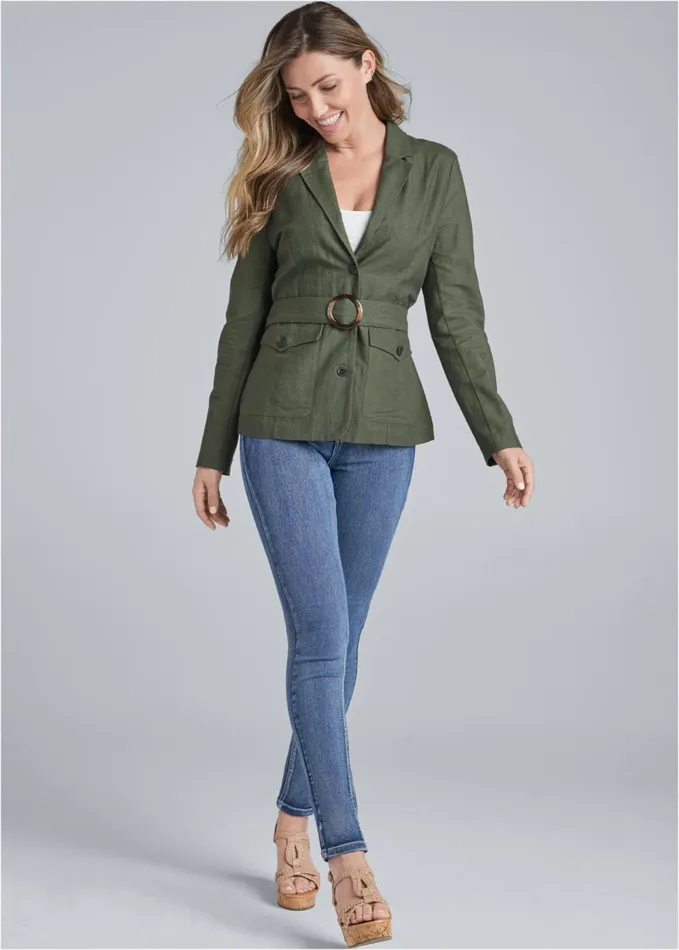 CROCHET BACK LINEN JACKET Olive Women VENUS Jackets