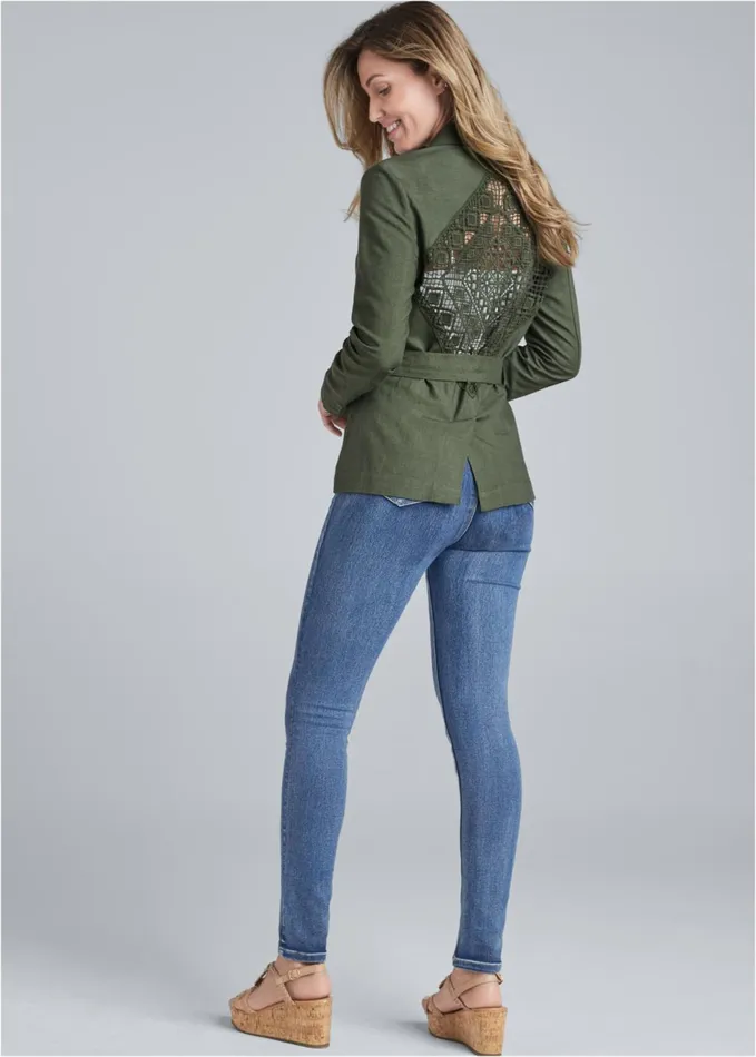 CROCHET BACK LINEN JACKET Olive Women VENUS Jackets