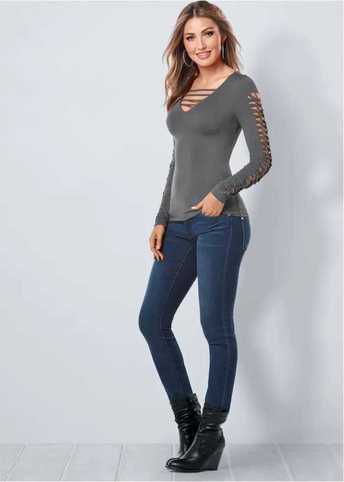 Cutout Sleeve Detail Top Dark Grey Women VENUS Night Out Tops