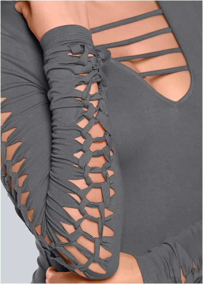 Cutout Sleeve Detail Top Dark Grey Women VENUS Night Out Tops