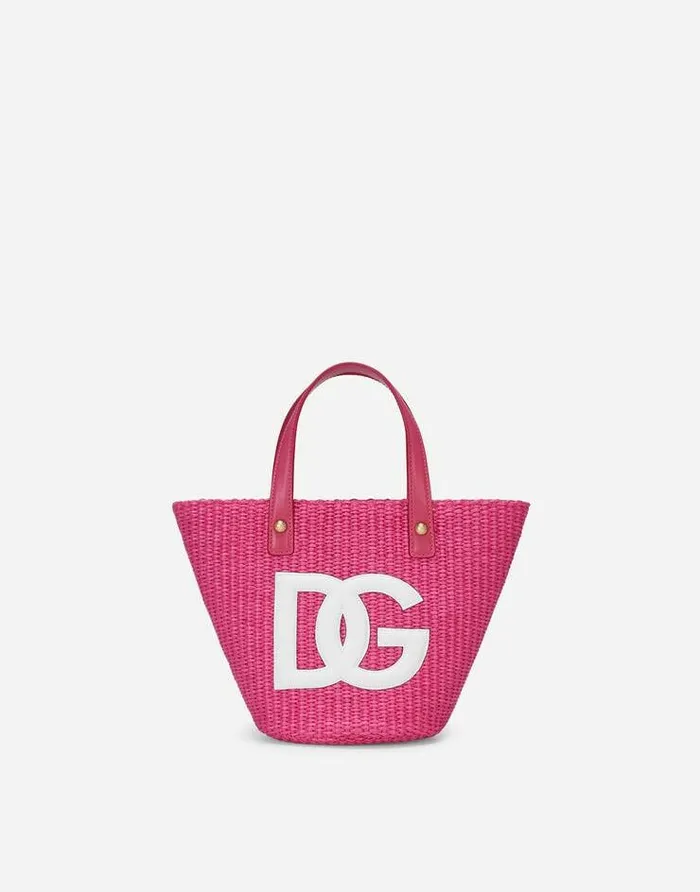 Dolce and Gabbana Accessories Children Straw Handbag With Patch And MaxiDG Logo Fuchsia