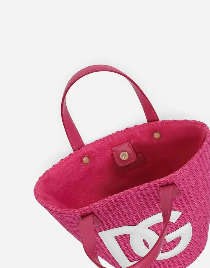 Dolce and Gabbana Accessories Children Straw Handbag With Patch And MaxiDG Logo Fuchsia Dolce and Gabbana Accessories Children Straw Handbag With Patch And MaxiDG Logo Fuchsia