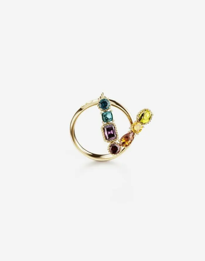 Dolce and Gabbana Alphabet Collection Women Rainbow Alphabet V Ring In Yellow Gold With Multicolor Fine Gems Gold Dolce and Gabbana Alphabet Collection Women Rainbow Alphabet V Ring In Yellow Gold With Multicolor Fine Gems Gold