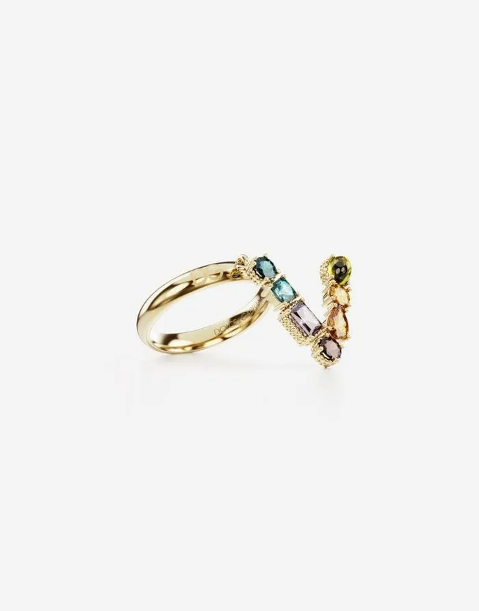 Dolce and Gabbana Alphabet Collection Women Rainbow Alphabet V Ring In Yellow Gold With Multicolor Fine Gems Gold Dolce and Gabbana Alphabet Collection Women Rainbow Alphabet V Ring In Yellow Gold With Multicolor Fine Gems Gold