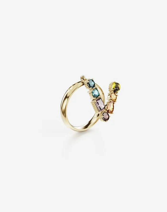 Dolce and Gabbana Alphabet Collection Women Rainbow Alphabet V Ring In Yellow Gold With Multicolor Fine Gems Gold Dolce and Gabbana Alphabet Collection Women Rainbow Alphabet V Ring In Yellow Gold With Multicolor Fine Gems Gold