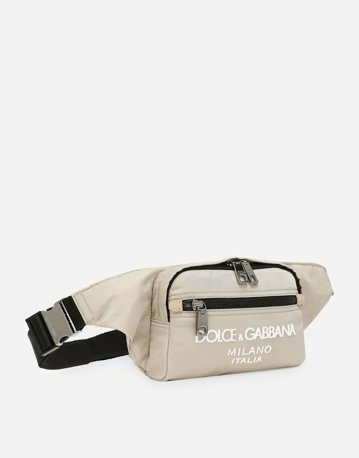 Dolce and Gabbana Backpacks And Fanny Packs Men Small Nylon Belt Bag With Rubberized Logo Beige Dolce and Gabbana Backpacks And Fanny Packs Men Small Nylon Belt Bag With Rubberized Logo Beige
