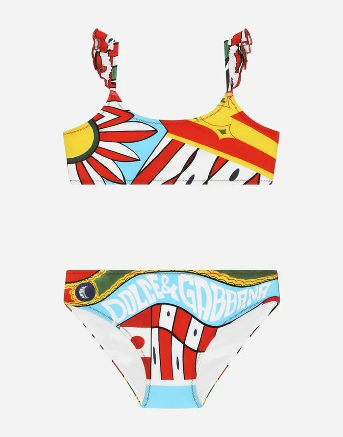 Dolce and Gabbana Beachwear Children Carrettoprint Bralette Bikini Azure