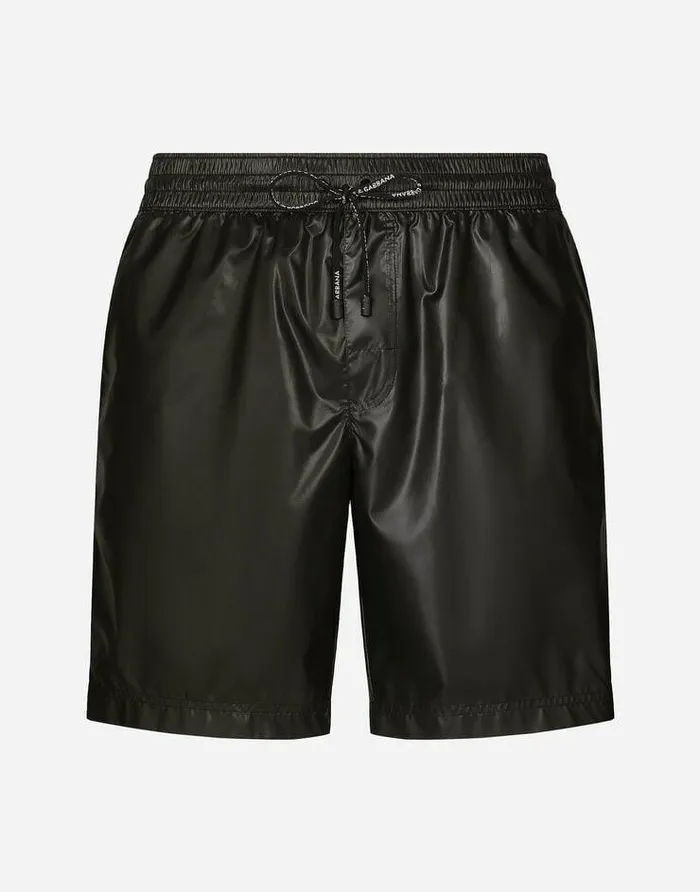Dolce and Gabbana Beachwear Men Midlength Swim Trunks With Branded Band Black