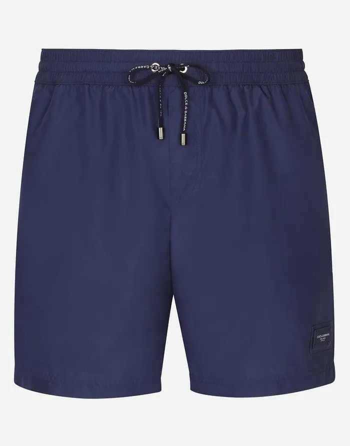 Dolce and Gabbana Beachwear Men Midlength Swim Trunks With Branded Plate Blue