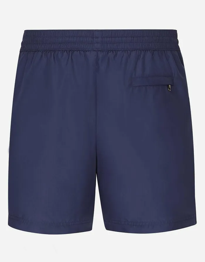 Dolce and Gabbana Beachwear Men Midlength Swim Trunks With Branded Plate Blue Dolce and Gabbana Beachwear Men Midlength Swim Trunks With Branded Plate Blue