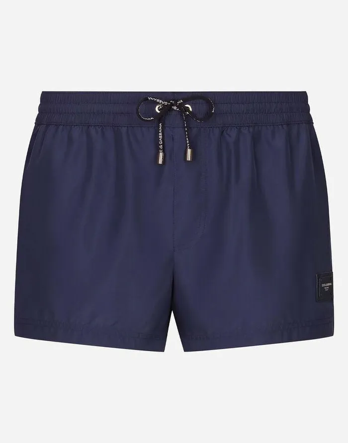 Dolce and Gabbana Beachwear Men Short Swim Trunks With Branded Plate Blue