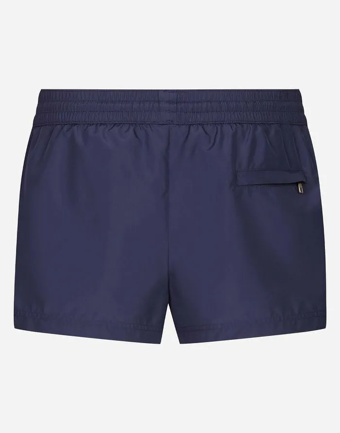 Dolce and Gabbana Beachwear Men Short Swim Trunks With Branded Plate Blue