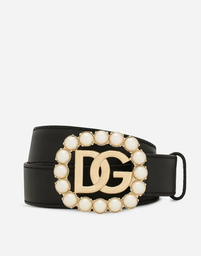 Dolce and Gabbana Belts Women Calfskin Belt With DG Logo With Pearls Black