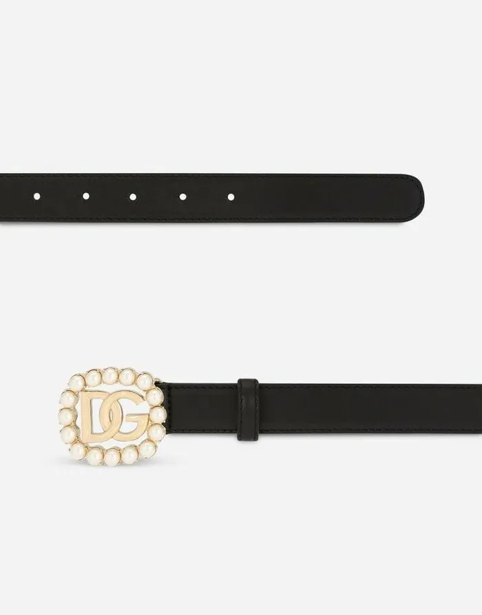 Dolce and Gabbana Belts Women Calfskin Belt With DG Logo With Pearls Black Dolce and Gabbana Belts Women Calfskin Belt With DG Logo With Pearls Black