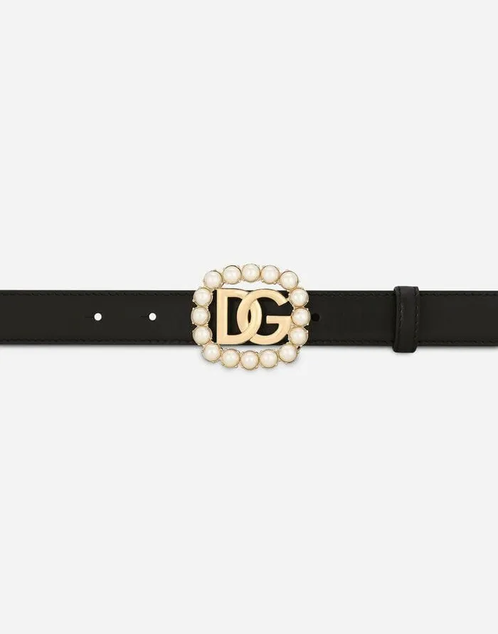 Dolce and Gabbana Belts Women Calfskin Belt With DG Logo With Pearls Black Dolce and Gabbana Belts Women Calfskin Belt With DG Logo With Pearls Black