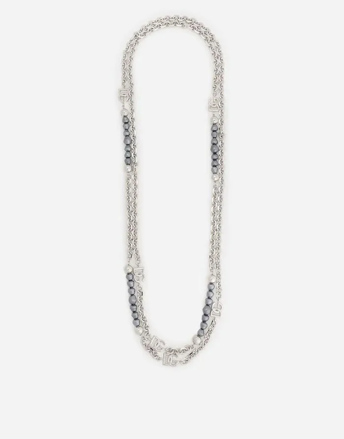 Dolce and Gabbana Bijoux Men Multilogo Necklace With Pearls Silver