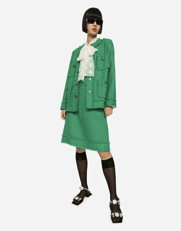 Dolce and Gabbana Blazers Women Singlebreasted Raschel Tweed Jacket Green Dolce and Gabbana Blazers Women Singlebreasted Raschel Tweed Jacket Green