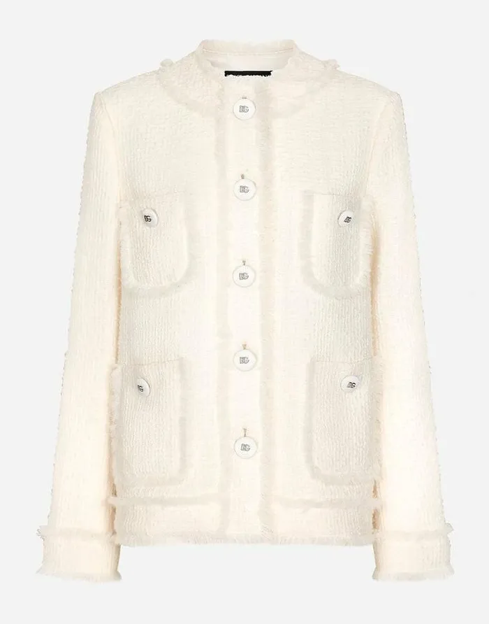 Dolce and Gabbana Blazers Women Singlebreasted Raschel Tweed Jacket White
