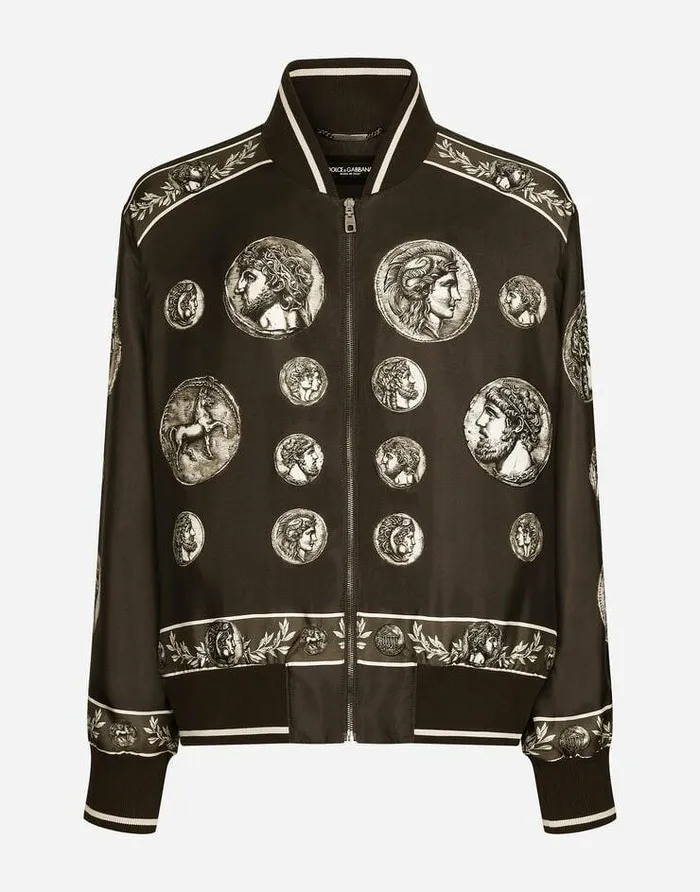Dolce and Gabbana Coats And Jackets Men Coin Print Silk Twill Jacket Brown
