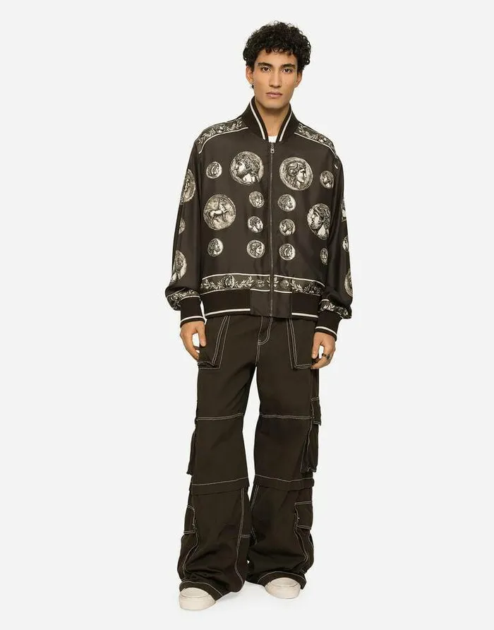Dolce and Gabbana Coats And Jackets Men Coin Print Silk Twill Jacket Brown Dolce and Gabbana Coats And Jackets Men Coin Print Silk Twill Jacket Brown