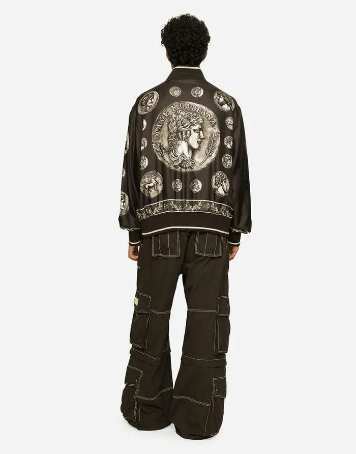 Dolce and Gabbana Coats And Jackets Men Coin Print Silk Twill Jacket Brown Dolce and Gabbana Coats And Jackets Men Coin Print Silk Twill Jacket Brown