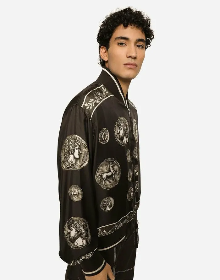 Dolce and Gabbana Coats And Jackets Men Coin Print Silk Twill Jacket Brown Dolce and Gabbana Coats And Jackets Men Coin Print Silk Twill Jacket Brown