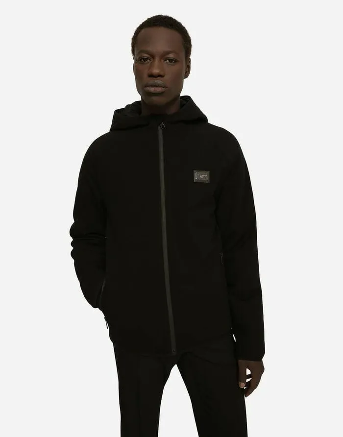 Dolce and Gabbana Coats And Jackets Men Hooded Jersey Jacket With Branded Tag Black