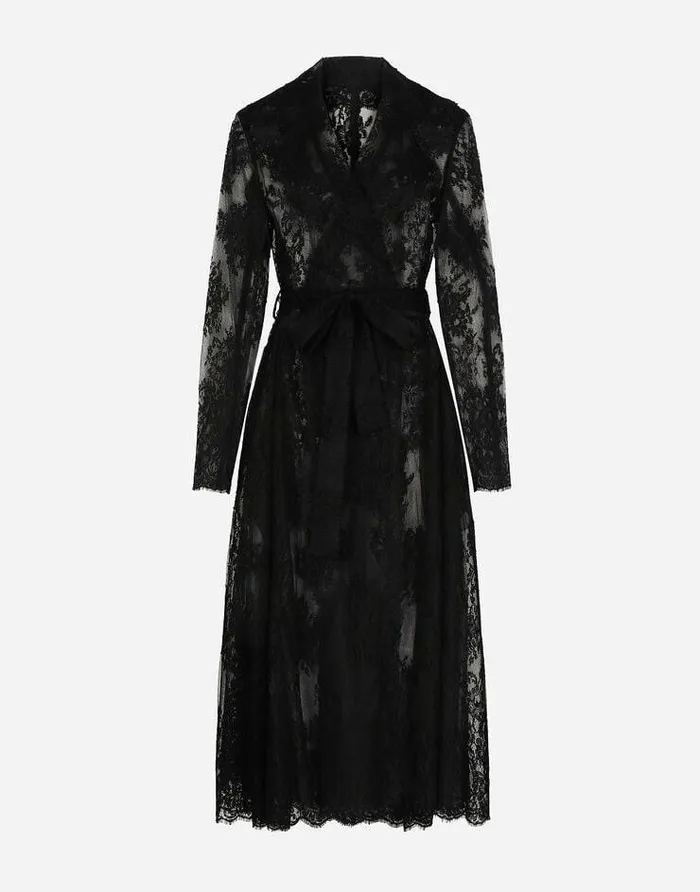 Dolce and Gabbana Coats And Jackets Women Chantilly Lace Coat With Belt Black Dolce and Gabbana Coats And Jackets Women Chantilly Lace Coat With Belt Black