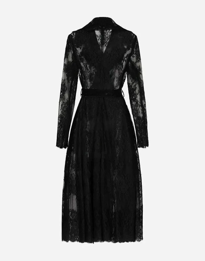 Dolce and Gabbana Coats And Jackets Women Chantilly Lace Coat With Belt Black Dolce and Gabbana Coats And Jackets Women Chantilly Lace Coat With Belt Black