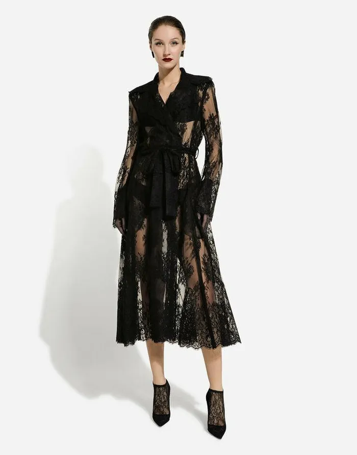 Dolce and Gabbana Coats And Jackets Women Chantilly Lace Coat With Belt Black Dolce and Gabbana Coats And Jackets Women Chantilly Lace Coat With Belt Black