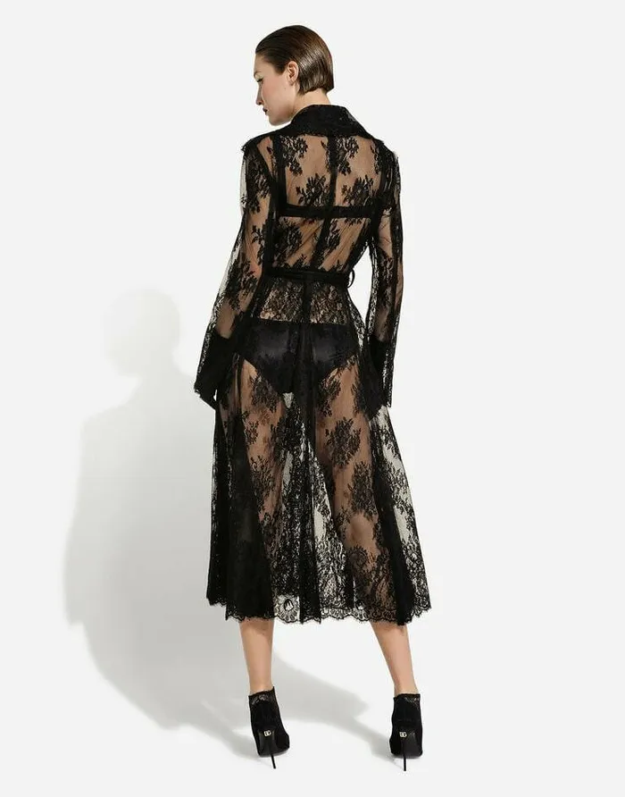 Dolce and Gabbana Coats And Jackets Women Chantilly Lace Coat With Belt Black Dolce and Gabbana Coats And Jackets Women Chantilly Lace Coat With Belt Black