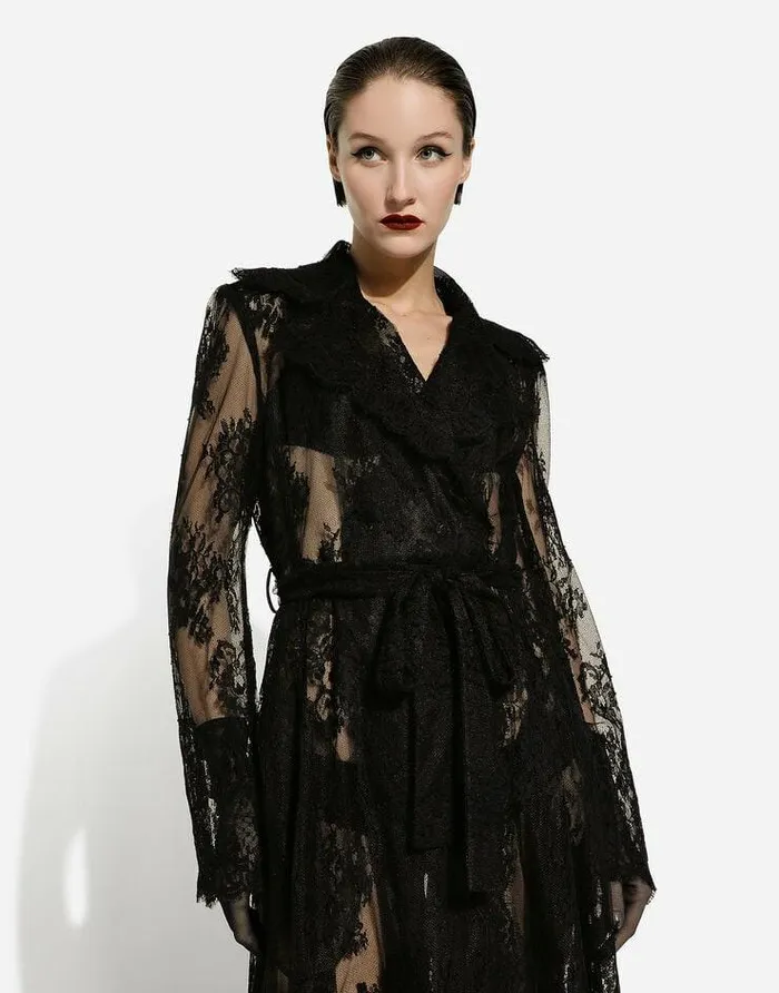 Dolce and Gabbana Coats And Jackets Women Chantilly Lace Coat With Belt Black Dolce and Gabbana Coats And Jackets Women Chantilly Lace Coat With Belt Black
