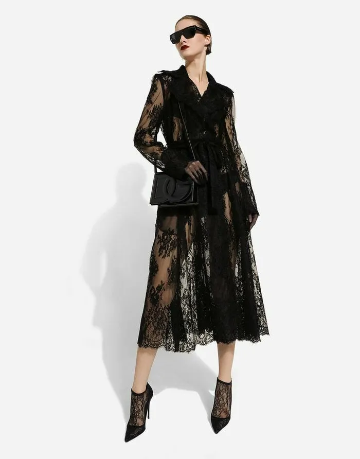 Dolce and Gabbana Coats And Jackets Women Chantilly Lace Coat With Belt Black Dolce and Gabbana Coats And Jackets Women Chantilly Lace Coat With Belt Black