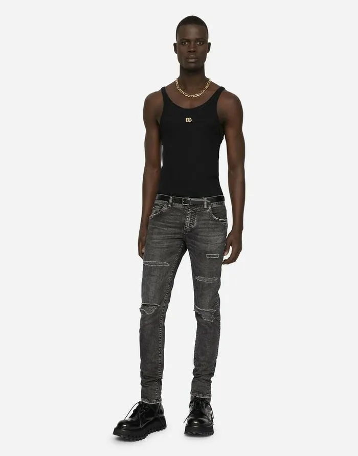 Dolce and Gabbana Denim Men Gray Skinny Stretch Jeans With Rips Multicolor