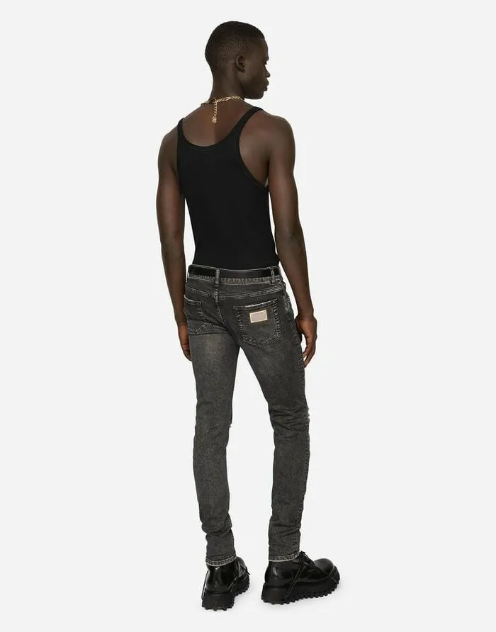 Dolce and Gabbana Denim Men Gray Skinny Stretch Jeans With Rips Multicolor