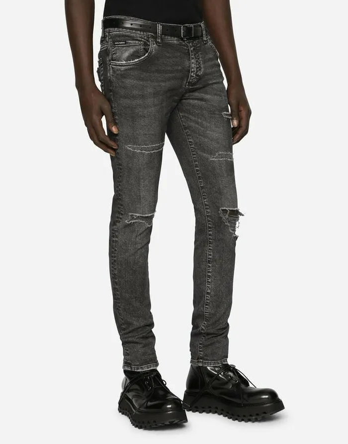 Dolce and Gabbana Denim Men Gray Skinny Stretch Jeans With Rips Multicolor