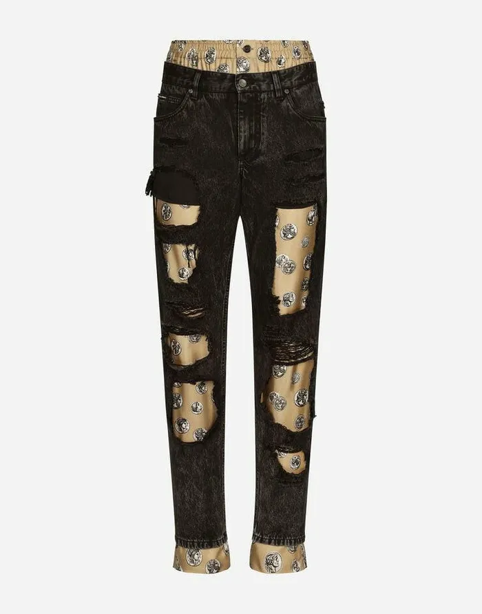Dolce and Gabbana Denim Men Jeans With Coin Print Silk Twill Interior Multicolor Dolce and Gabbana Denim Men Jeans With Coin Print Silk Twill Interior Multicolor