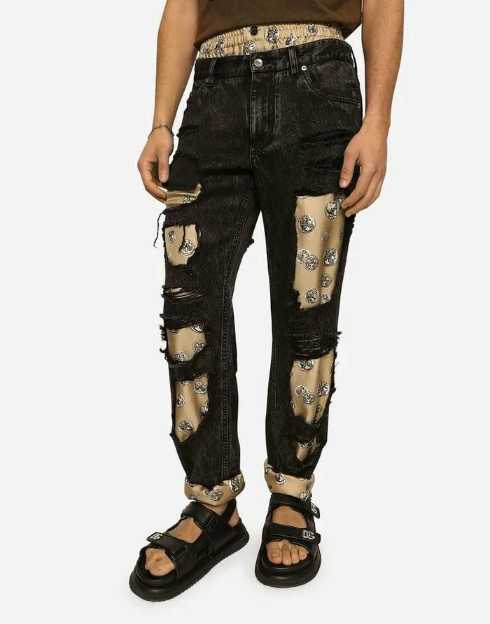 Dolce and Gabbana Denim Men Jeans With Coin Print Silk Twill Interior Multicolor Dolce and Gabbana Denim Men Jeans With Coin Print Silk Twill Interior Multicolor