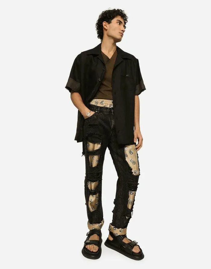 Dolce and Gabbana Denim Men Jeans With Coin Print Silk Twill Interior Multicolor Dolce and Gabbana Denim Men Jeans With Coin Print Silk Twill Interior Multicolor