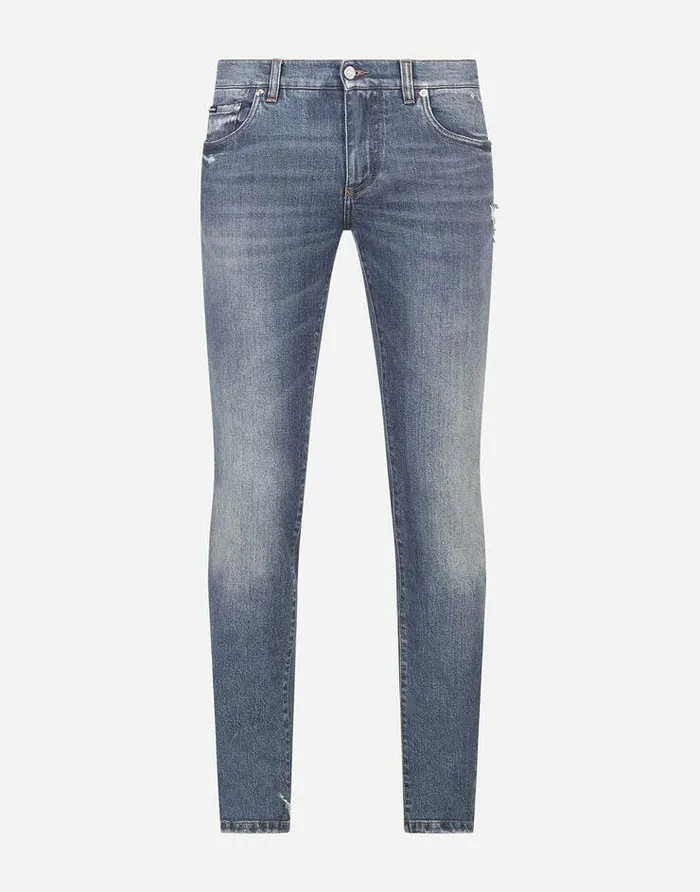 Dolce and Gabbana Denim Men Stretch Skinny Jeans With Small Abrasions Blue