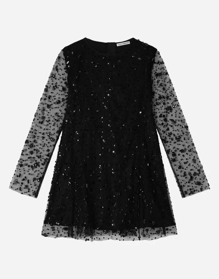 Dolce and Gabbana Dresses Children Longsleeved Tulle Dress With Fusible Rhinestones Black