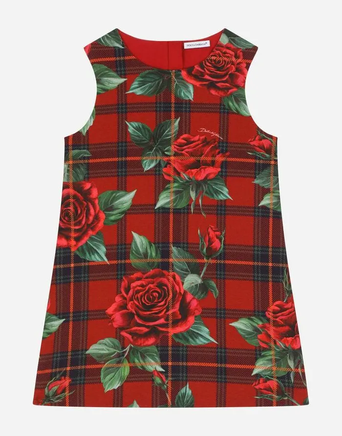 Dolce and Gabbana Dresses Children Sleeveless Dress With Tartan And Rose Print Red Dolce and Gabbana Dresses Children Sleeveless Dress With Tartan And Rose Print Red