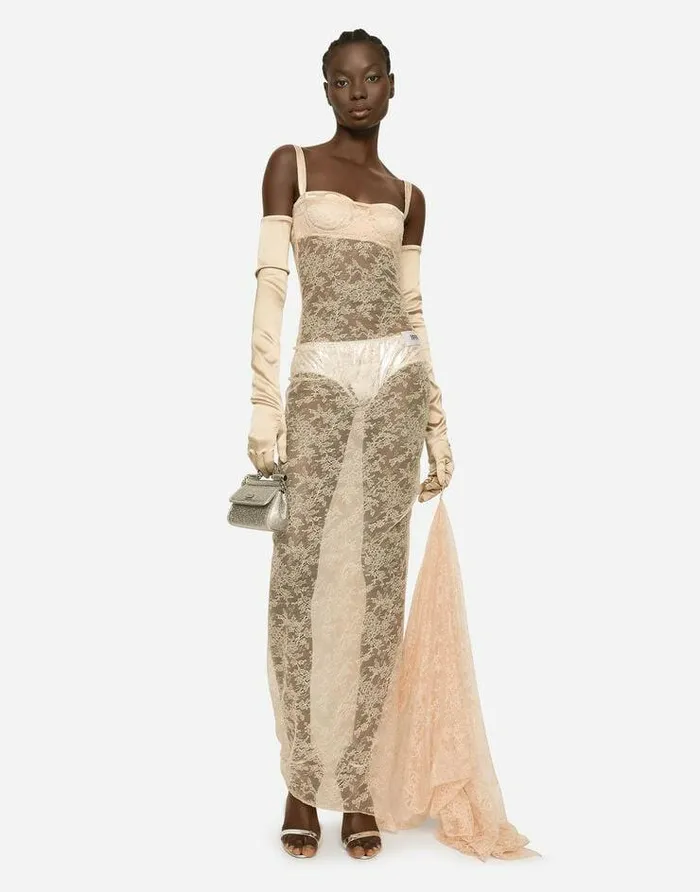 Dolce and Gabbana Dresses Women KIM DOLCEandGABBANA Long Floral Lace Dress With Lingerie Bra Beige Dolce and Gabbana Dresses Women KIM DOLCEandGABBANA Long Floral Lace Dress With Lingerie Bra Beige