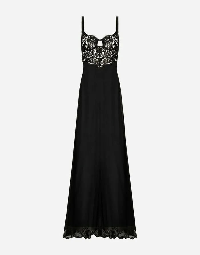 Dolce and Gabbana Dresses Women Long Silk Chiffon Dress With Lace Body Black