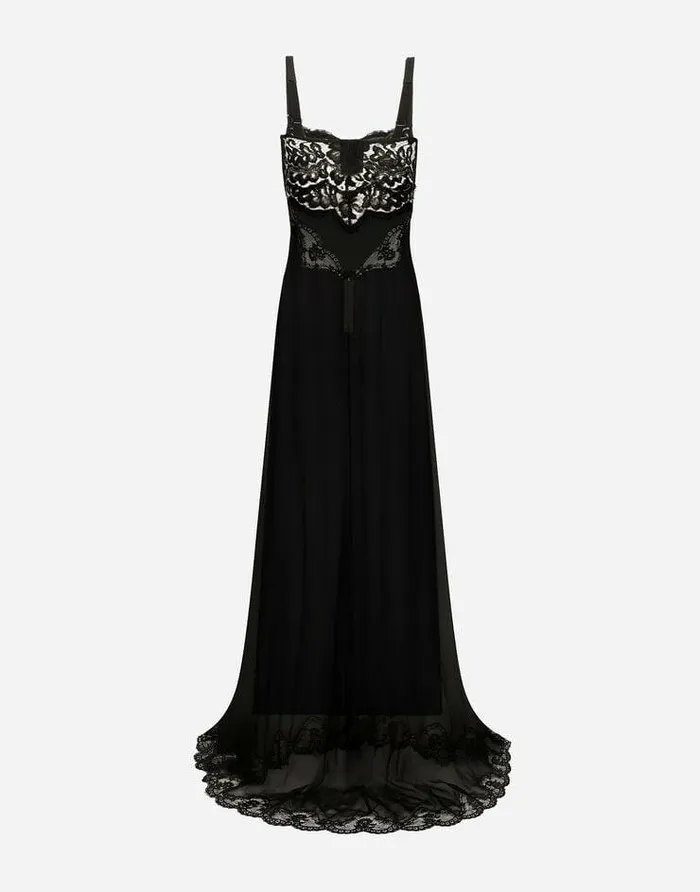 Dolce and Gabbana Dresses Women Long Silk Chiffon Dress With Lace Body Black Dolce and Gabbana Dresses Women Long Silk Chiffon Dress With Lace Body Black