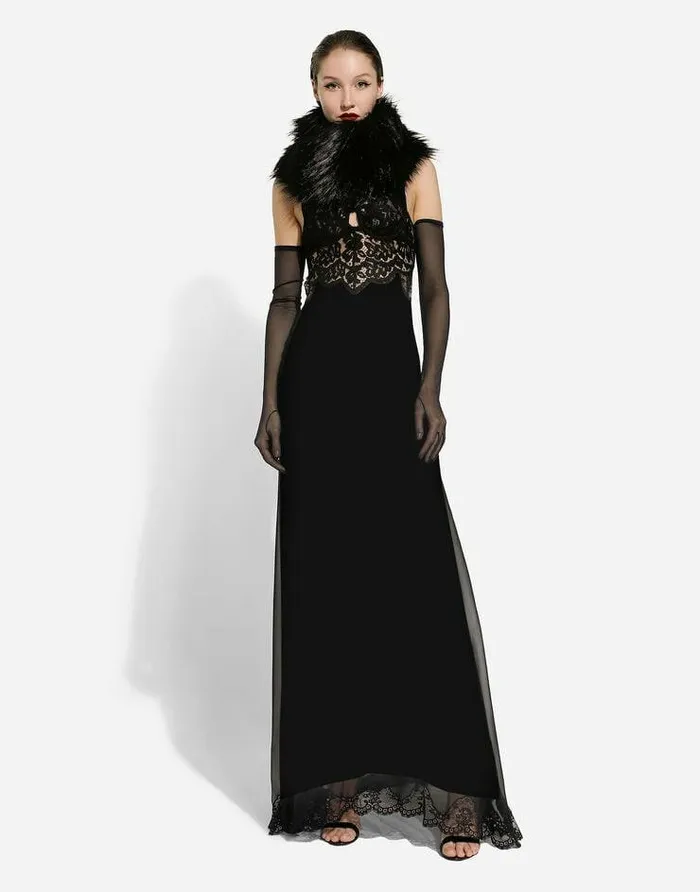 Dolce and Gabbana Dresses Women Long Silk Chiffon Dress With Lace Body Black Dolce and Gabbana Dresses Women Long Silk Chiffon Dress With Lace Body Black
